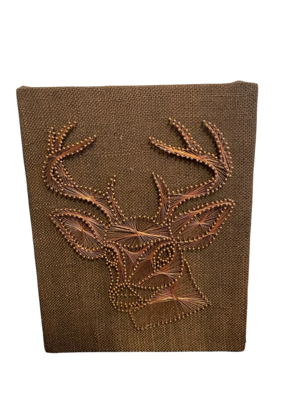 Vintage Copper Wire String Art Deer Head Antlers on Burlap Canvas Wall Decor